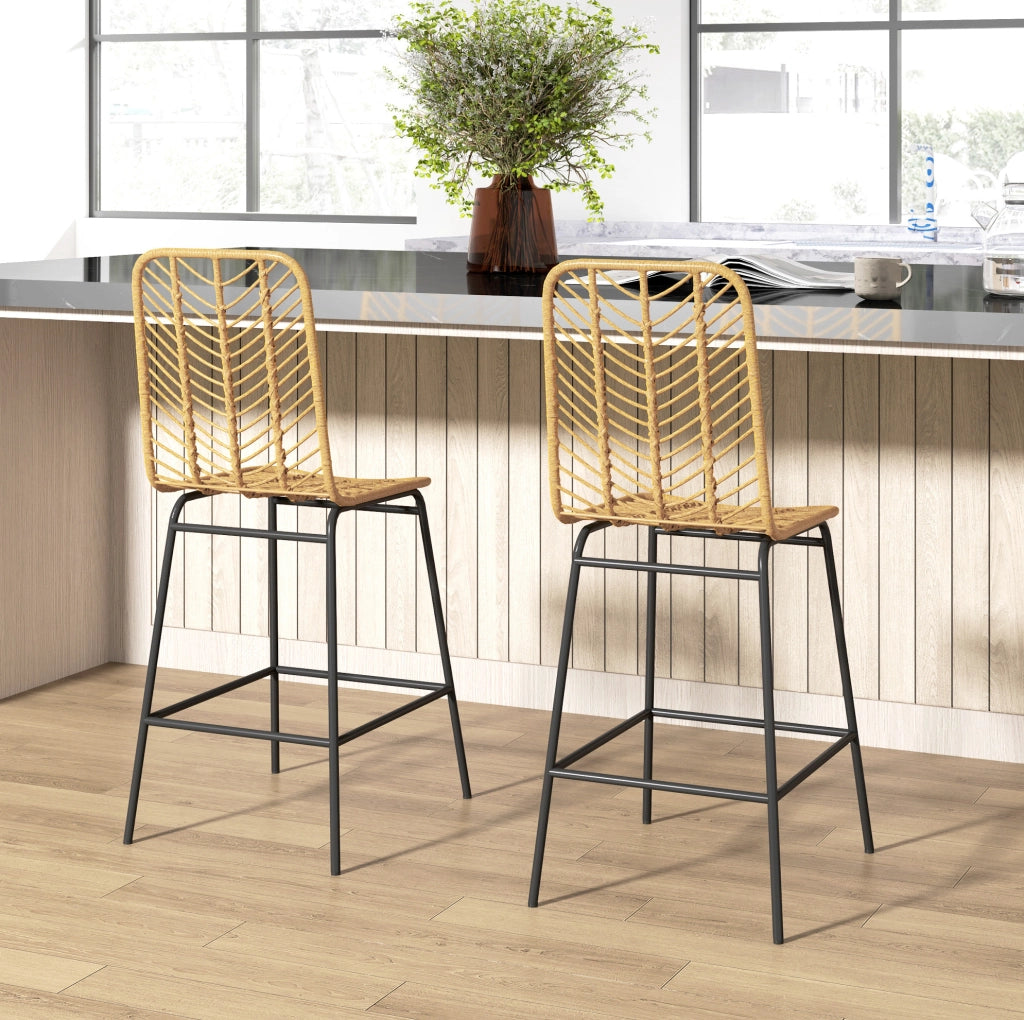 Sgabello da bar 42.5x52x102 cm con poggiapiedi; design boho in rattan; giallo