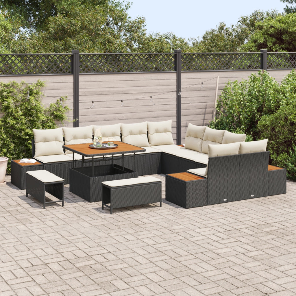Set Divano da Giardino 13 Pezzi con Cuscini Nero Polyrattan Acacia