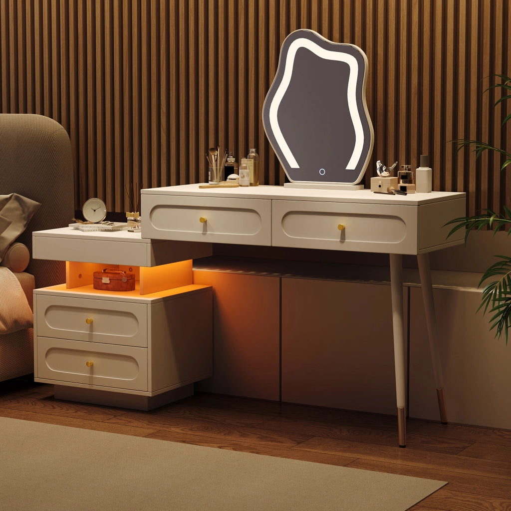 Tavolo da trucco con specchio LED, 4 cassetti e vano aperto, design salvaspazio per camera da letto, bianco, 140¡Á40¡Á130 cm