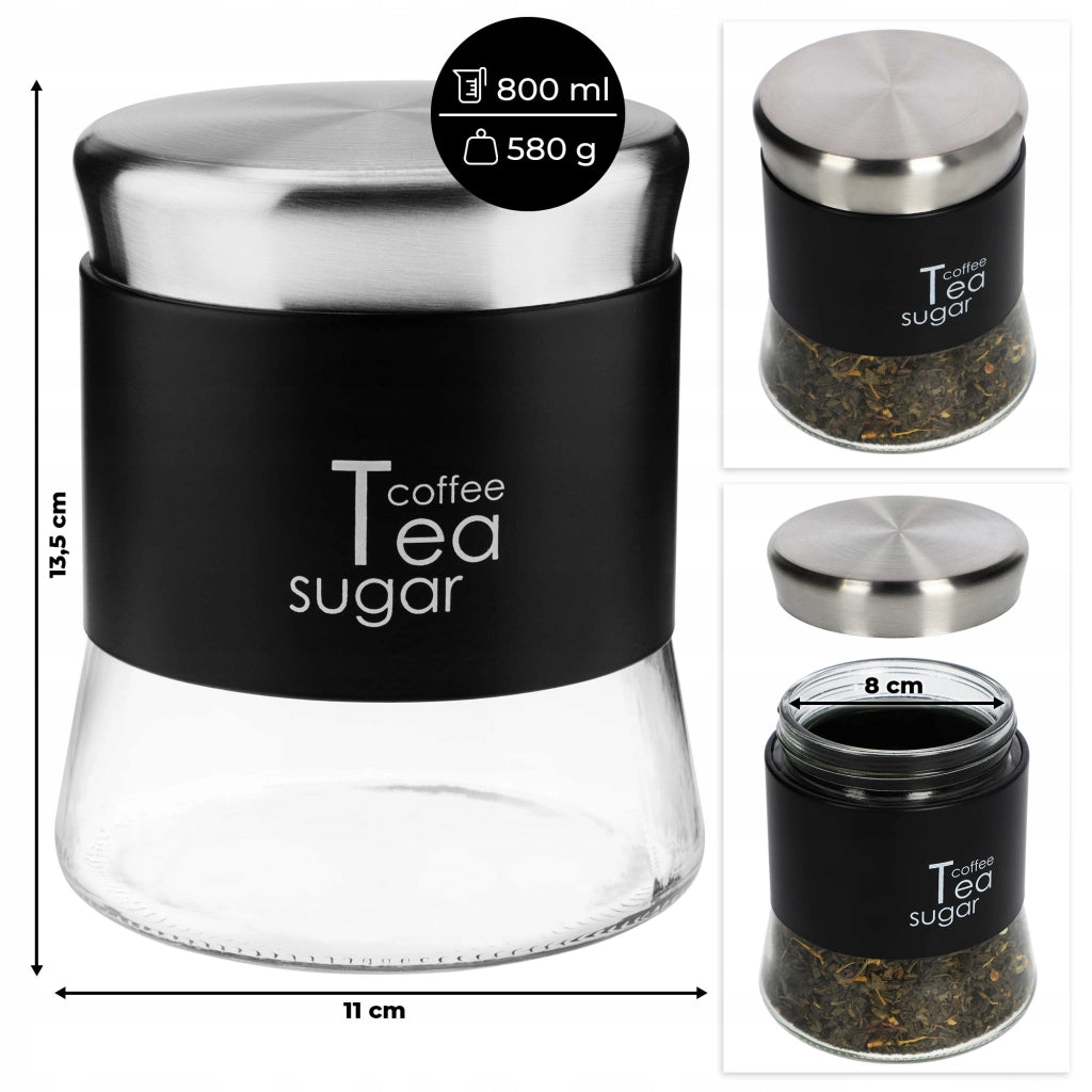 Contenitore per alimenti in vetro con coperchio KADAX per tè, caffè e zucchero, 750 ml, nero.