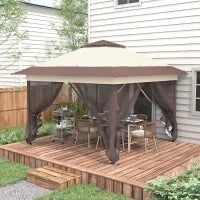 Gazebo da Giardino Pop-up Pieghevole con Zanzariere e Sacca da Trasporto a Ruote, in Acciaio e Poliestere, Kaki e Marrone