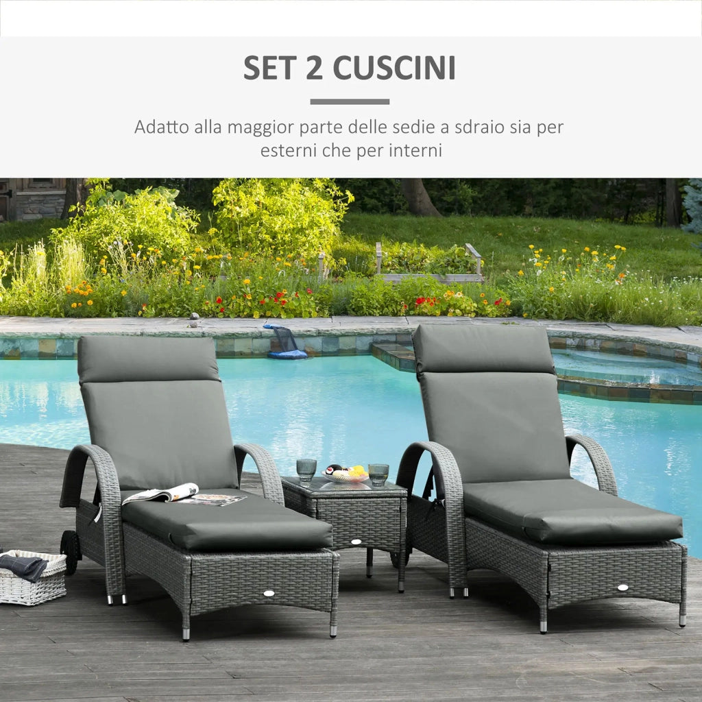 Set 2 Cuscini per Sdraio da Esterno 196x55x8 cm Imbottiti in Cotone con Cinghie Grigio Scuro