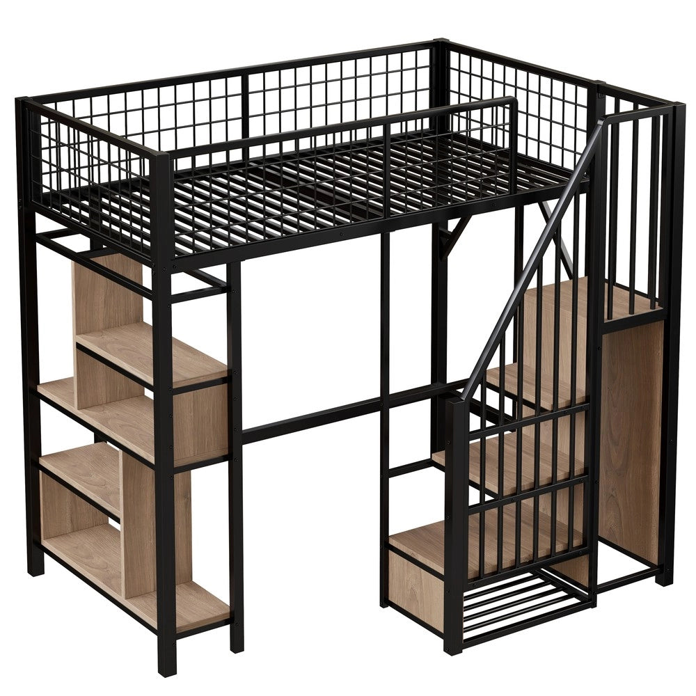 Letto a Soppalco Multifunzionale ¨C MINIMAL ¨C Metallo, Contenitore, Scala, 90x200, Nero