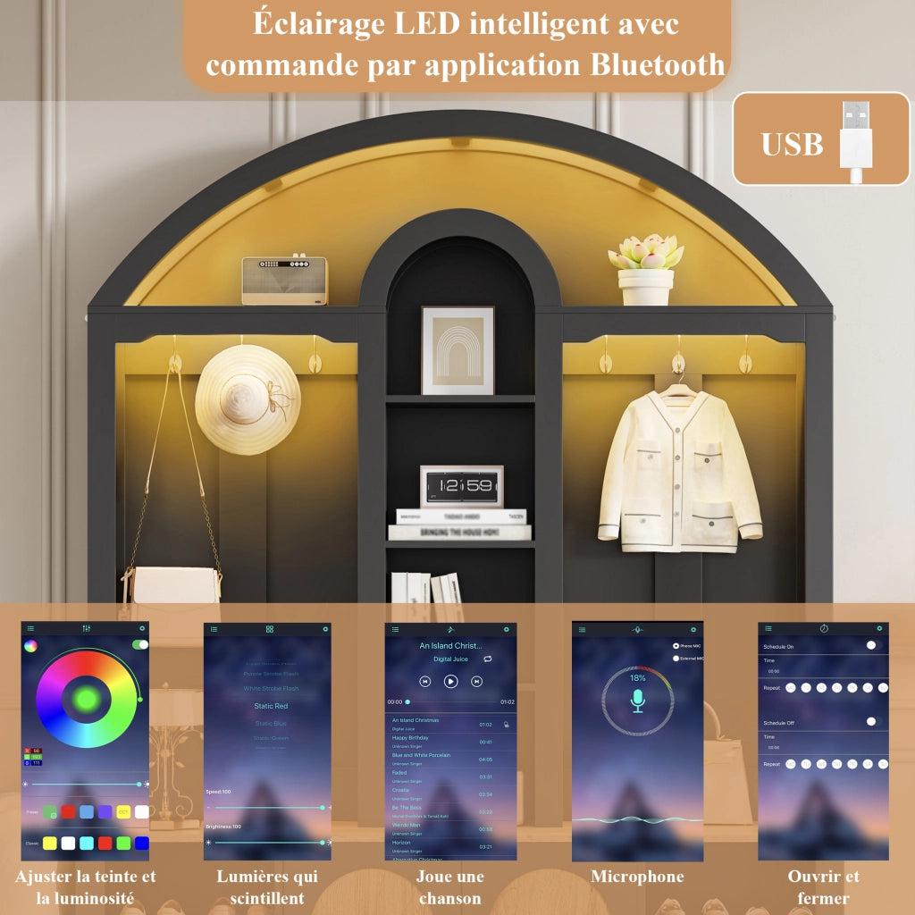 Mobile d'ingresso con 2 Ante; 3 Ripiani Aperti; Ganci e LED USB; Stile Nordico; in MDF; Nero; 150??40??195 cm