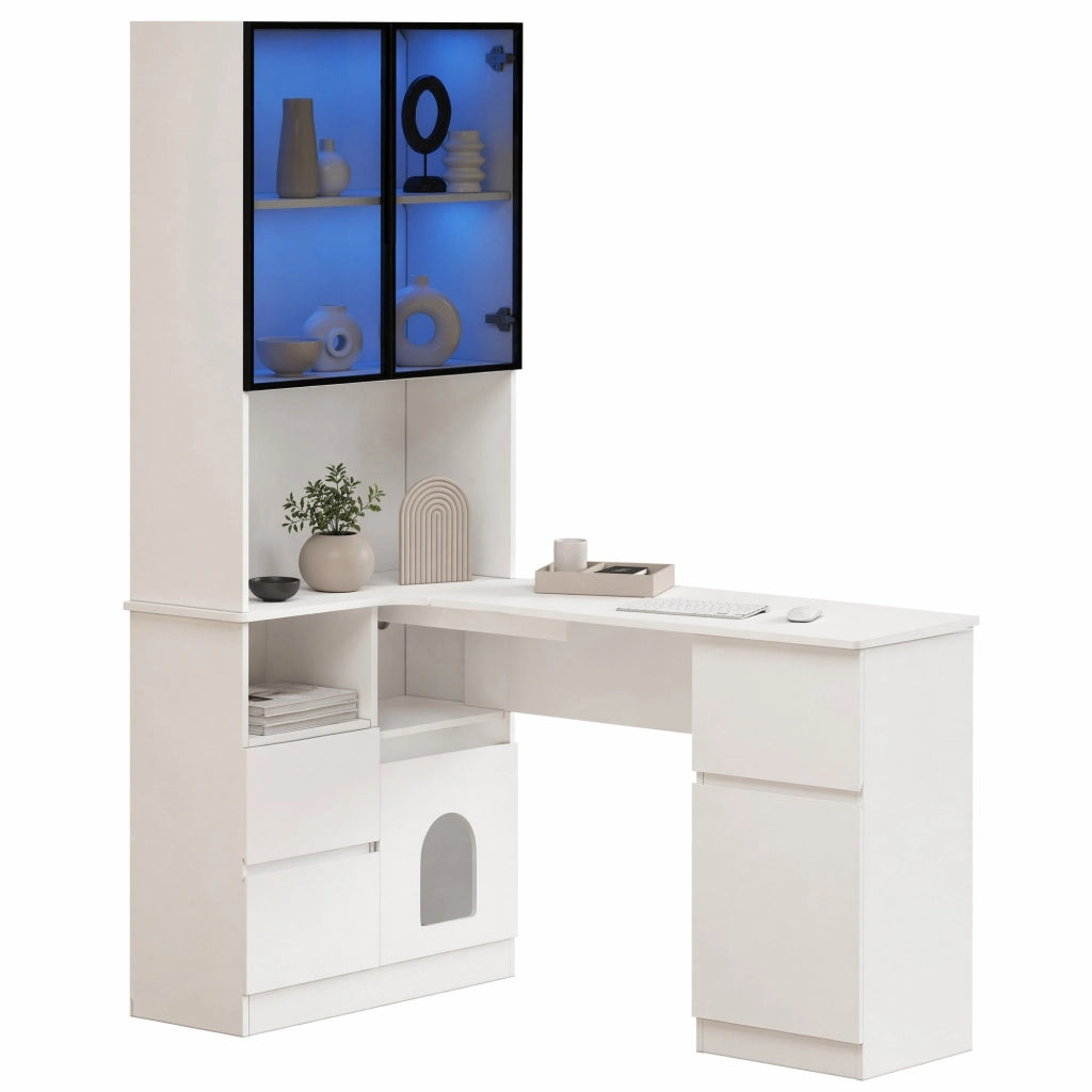 Scrivania angolare con libreria e vetrina LED 120×80×180 cm, bianco, MDF