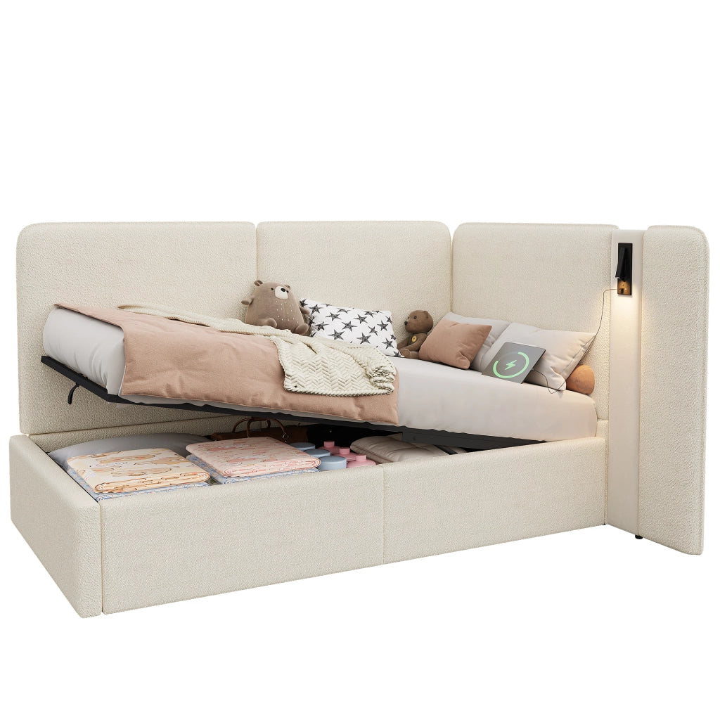 Letto imbottito singolo 90x200 cm con contenitore idraulico, lampada lettura USB e Type-C, beige bouclé
