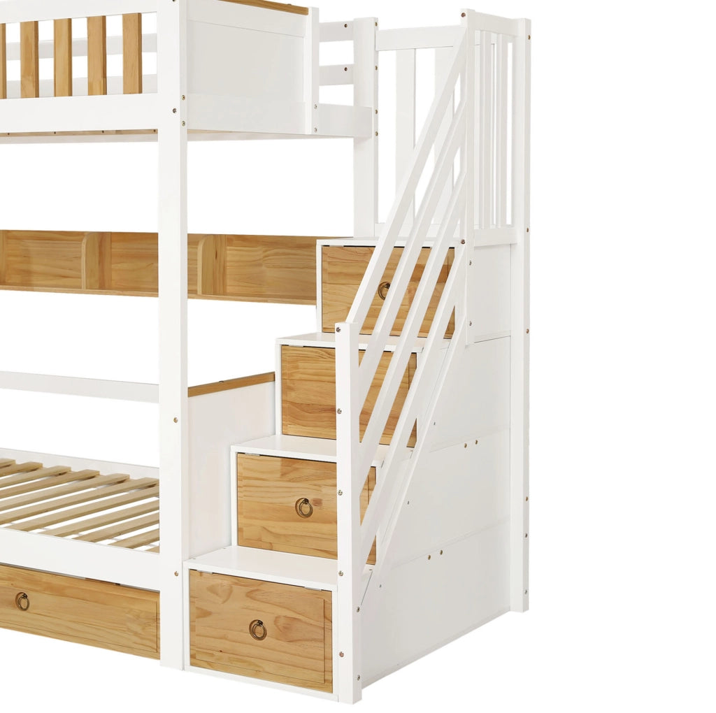 Letto a castello 90x200 cm con scala contenitore bianco/naturale