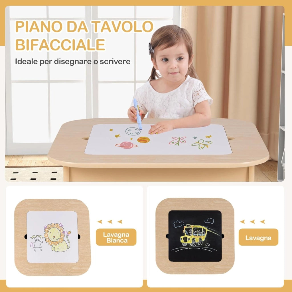 Set Tavolo e 2 Sedie per Bambini, con Lavagna Reversibile, Tavolo Multiattività con Vano Portaoggetti Nascosto e Sedie, per Bambini da 3-6 Anni, per Cameretta e Soggiorno (Giallo)