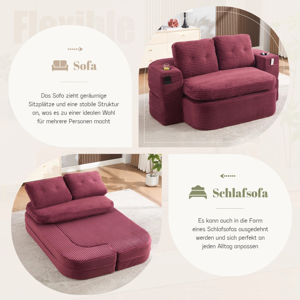 Fauteuil convertible 2 in 1 in cord con doppio portabicchieri, schienale alto e seduta extra profonda vinaccia