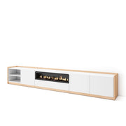 Mobile TV Soggiorno, 310x50x37 cm, Per TV fino a 80", Camino elettrico, Bianco e Rovere soft