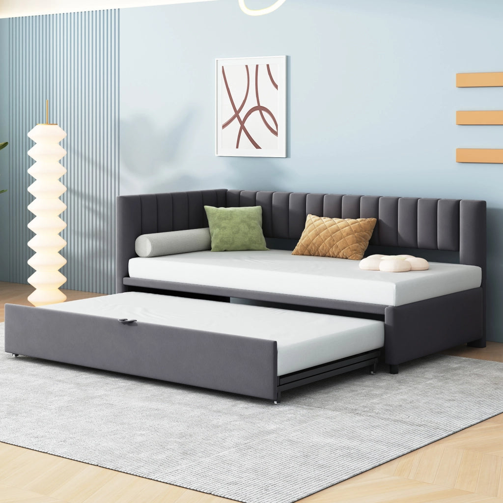 OKWISH Letto a Divano 90×200 cm, Letto Singolo con Letto Estraibile e Testiera, 90×200 cm e 180×200 cm, senza Materasso, Grigio