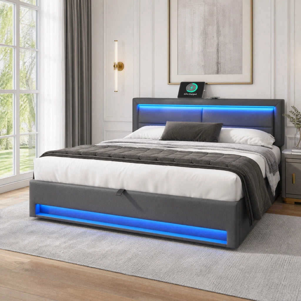 LETTO Imbottito 160x200 cm PU Grigio con USB, LED e contenitore