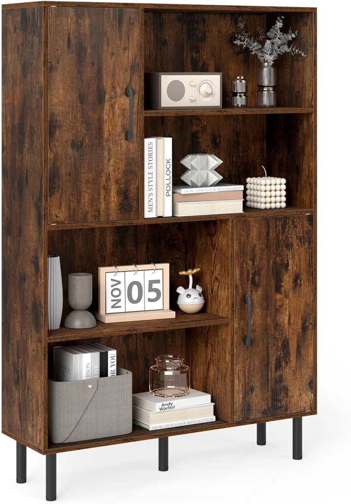 Libreria in Legno a 4 Livelli, Mobile da Cucina 84 X 24 X 119,5 CM con 2 Ant e 4 Ripiani Aperti, Credenza Buffet con Dispositivo Anti-Ribaltamento per per Soggiorno, Cucina, Studio (Nero)
