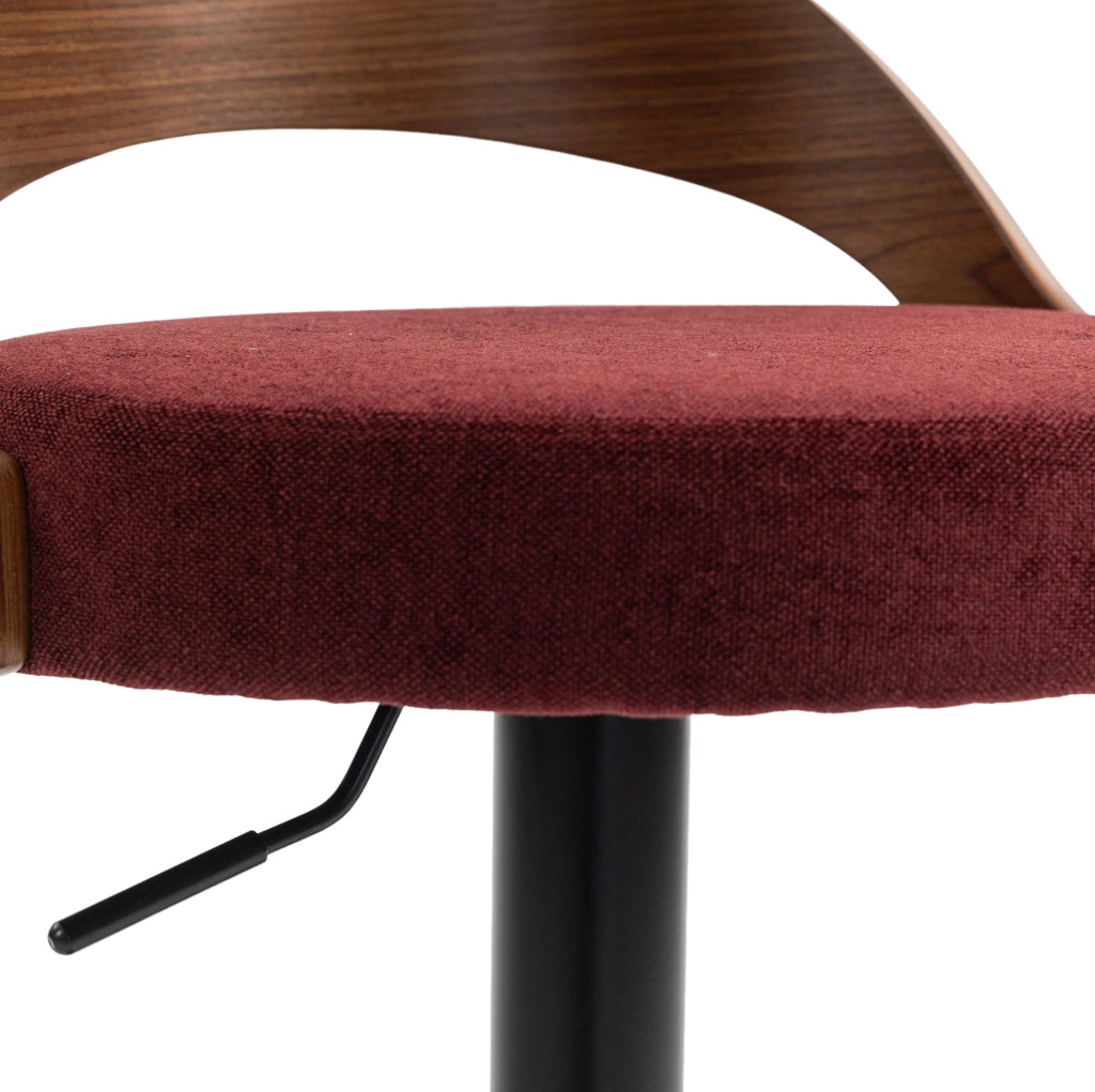 Set 2 sgabelli bar girevoli 360° regolabili in altezza; lino bordeaux; con schienale effetto noce