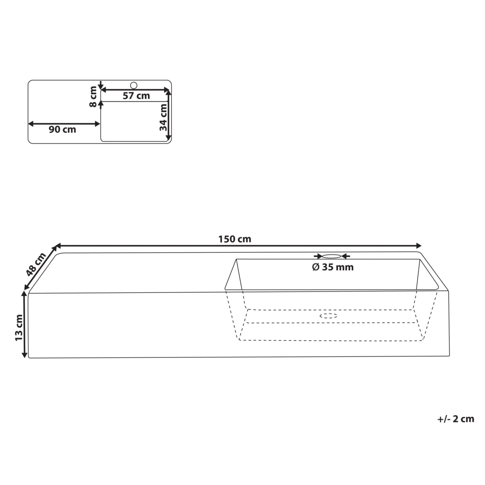 Lavabo bagno rettangolare in ceramica bianco 150 x 48 cm Lavello da bagno rettangolare