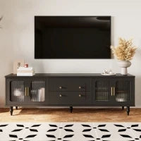 Mobile Porta TV in Stile Retro con Maniglie Dorate, Ampio Spazio di Stoccaggio, Porta in Vetro e Gambe in Legno Massello, 175x38x55,5 cm, Nero