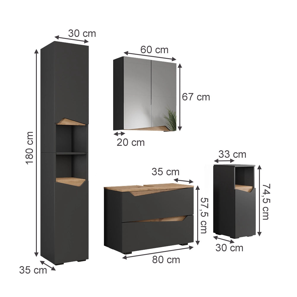 Vicco Set di mobili da bagno Antracite/Artisan 4 parti