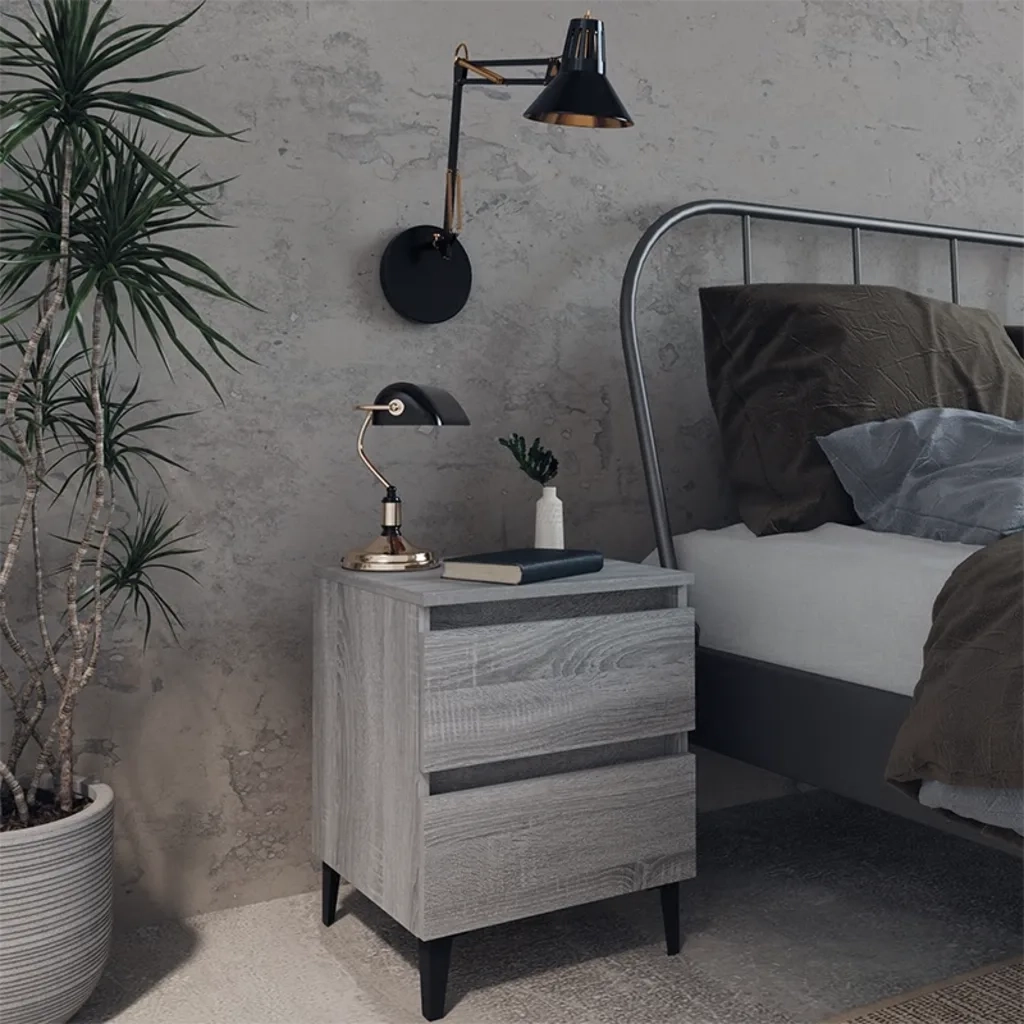 Set di 2 Comodini | Armadio da Notte | Mobiletto da notte con Gambe in Metallo Grigio Sonoma 40x35x50 cm