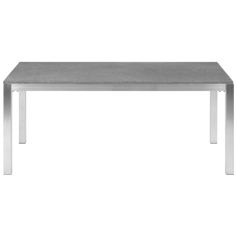 Tavolo da pranzo da giardino Piano in granito grigio e argento Gambe in acciaio inox esterne 6 posti 180 x 90 x 74 cm