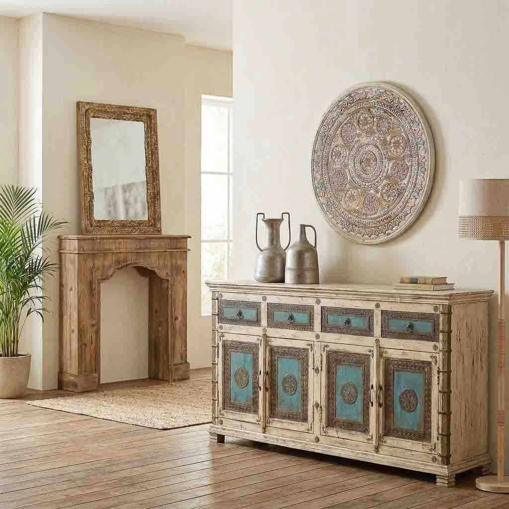 Credenza in legno artigianale, 180x45x96h cm, bianco