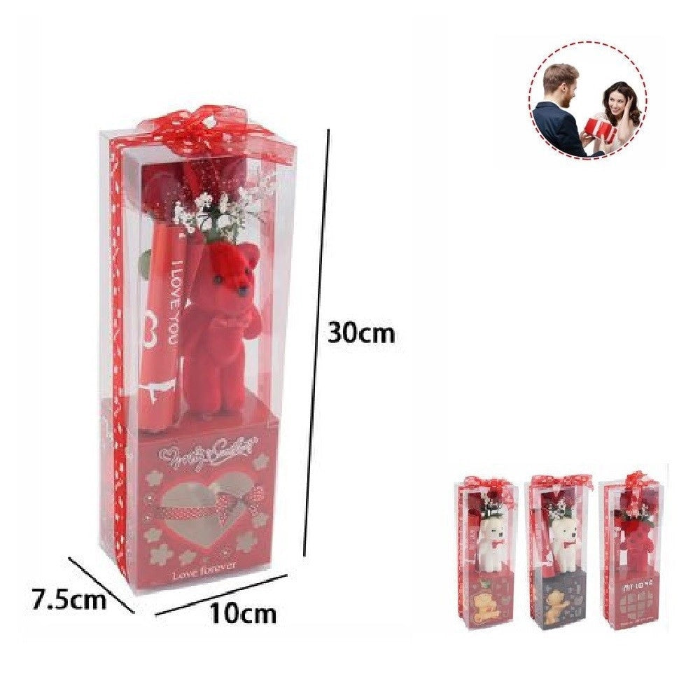 Trade Shop - Orsetto Peluche Con Fiore Confezione Regalo Per San Valentino 10x7.5x30cm 63300 -