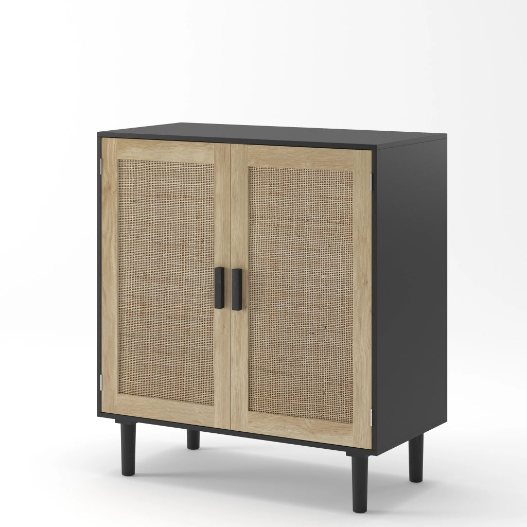 Mobile contenitore a 2 ante in rattan con 2 vani aperti e maniglie in legno; per salotto e ingresso; nero; 80 × 40 × 88 cm