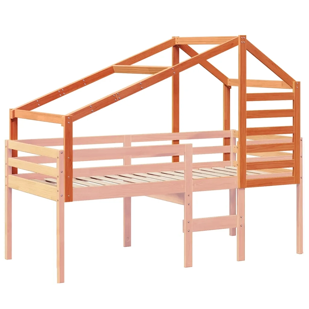 Tetto Letto Bambini Marrone Cera 198x97x113 Legno Massello Pino