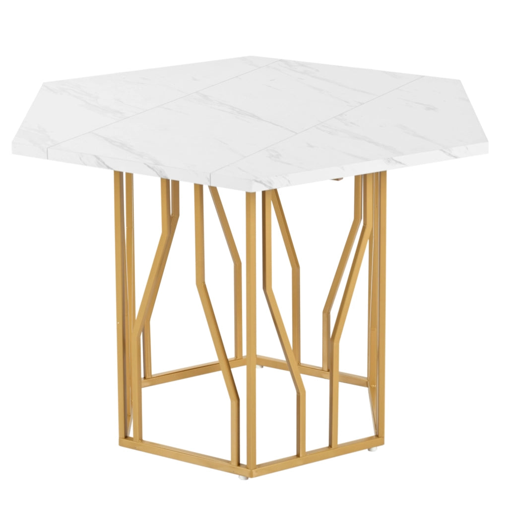 Tavolo da pranzo esagonale 115;5 x 100 cm in MDF effetto marmo; bianco e oro