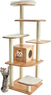 Tiragraffi grande 175 cm di altezza, robusto albero per gatti in legno, con 6 piattaforme, casetta per gatti e tronchi sisal, mobili per gatti, albero attività (naturale)
