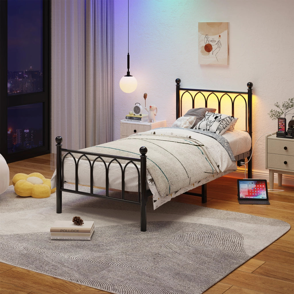 LETTO in metallo 90x200 cm Nero con LED, USB e presa, senza materasso