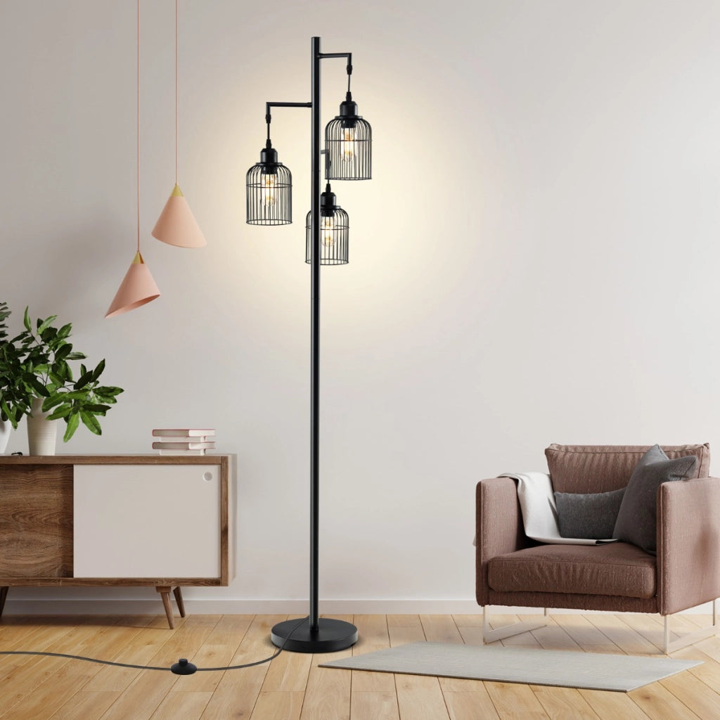 Lampada da terra moderna di 169 cm con 3 paralumi a gabbia interruttore a pedale, Lampada da terra industriale Nero-Lampade