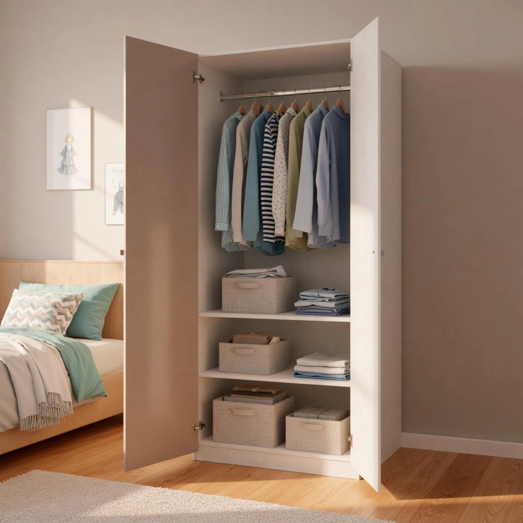 Armadio Guardaroba 2 Ante Battenti Con 3 Scomparti E Barra Appendiabiti Design Moderno Per Camera Da Letto Cameretta 90 X 200 X 52 Cm Beige E Rovere
