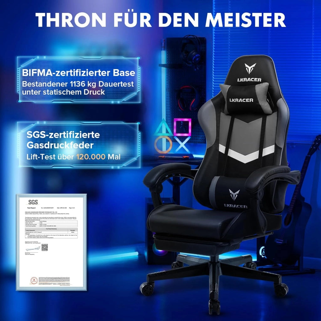 Sedia da gioco con poggiapiedi, ergonomica, con cuscino lombare regolabile, cuscino da gaming, sedia da gamer, altezza regolabile, portata 150 kg
