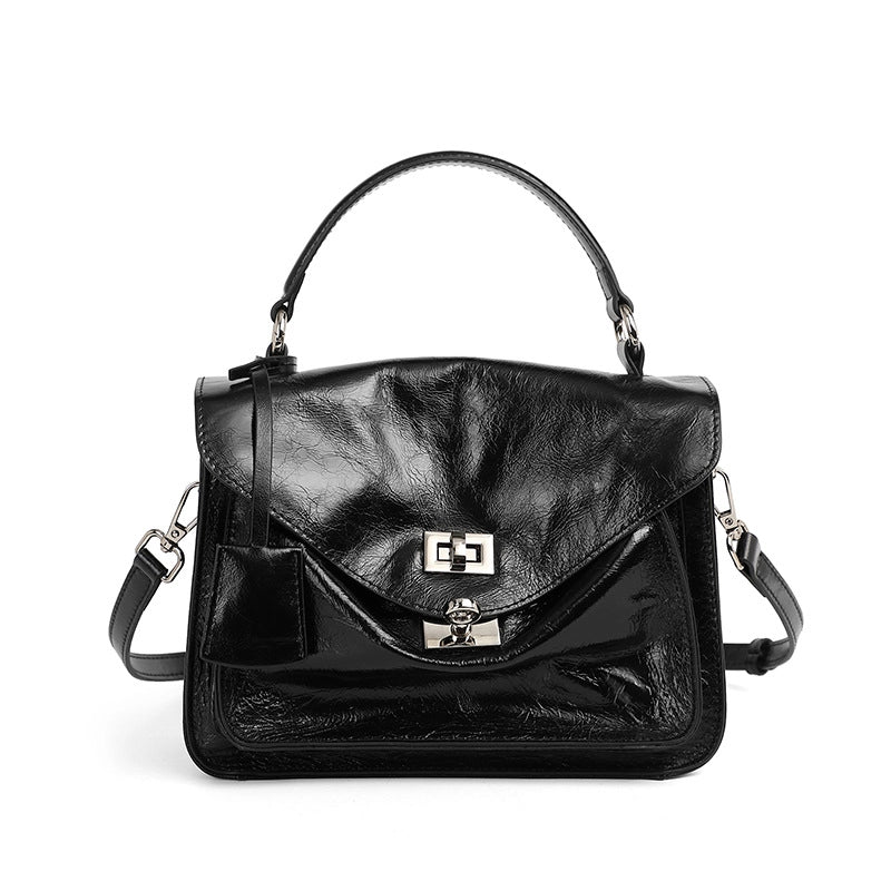 Borsa a tracolla da donna in vera pelle, modello tote/hobo, nera.
