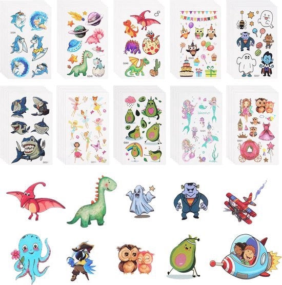 Tatuaggio temporaneo per bambini, 60 fogli di tatuaggio a cartone, set di tatuaggi a stampe acqua-resistenti per bambini regalo di compleanno per bambini riempimento di sacchetto di festa
