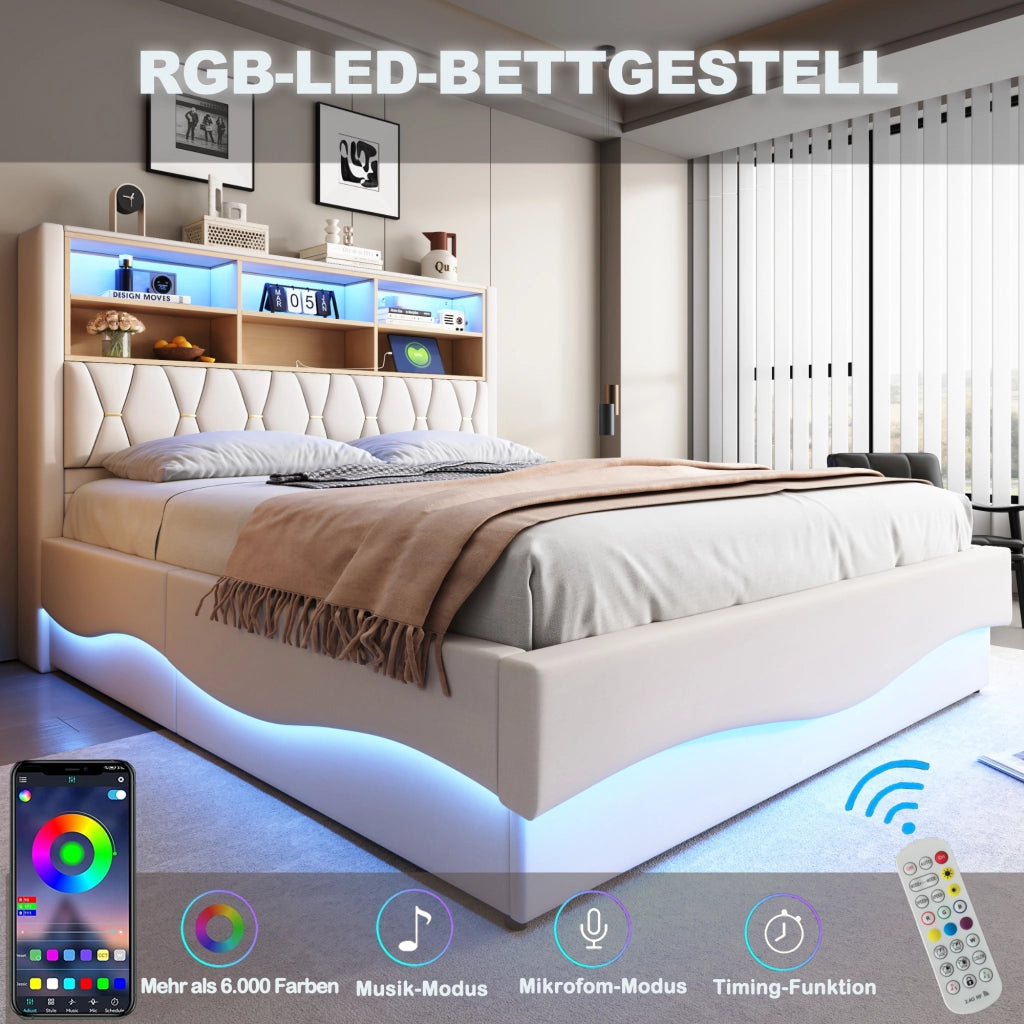 DESMIU Letto contenitore 180 × 200 cm 2 posti con LED, USB, vano contenitore idraulico e ripiano, senza materasso, beige
