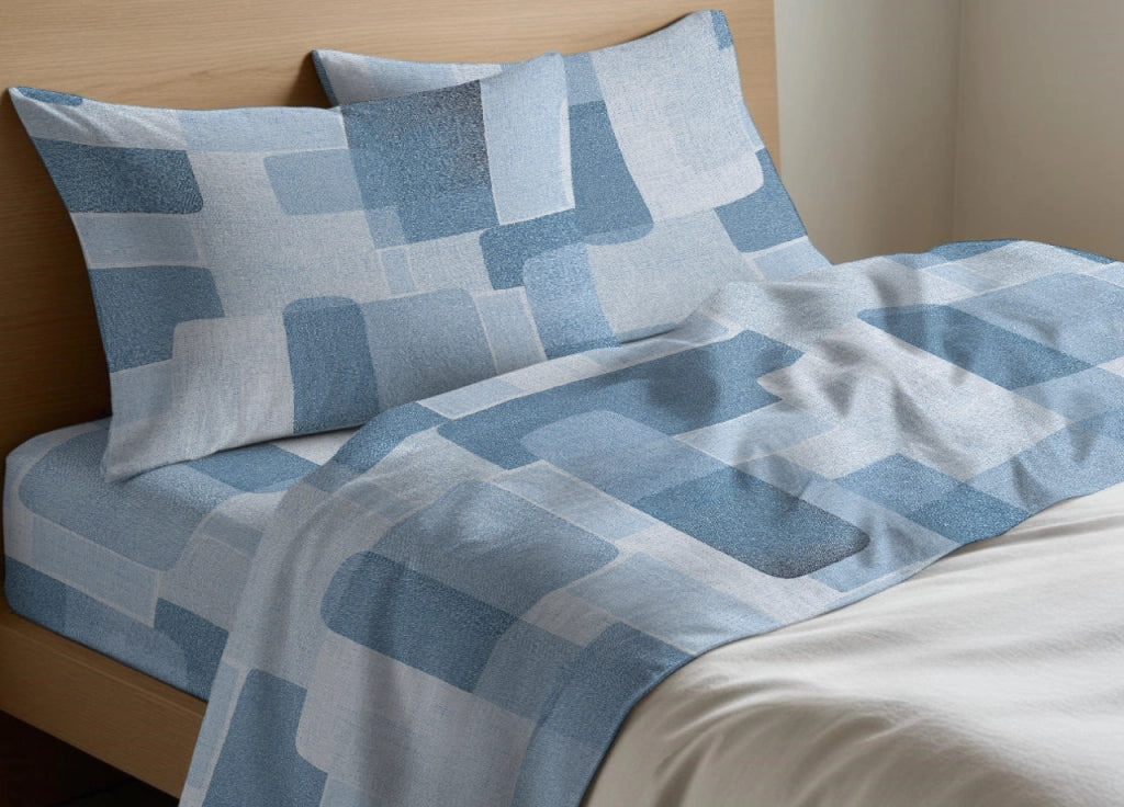 Completo Lenzuola Letto In 100% Cotone Made Italy Disegno Brick - Maxi - Azzurro