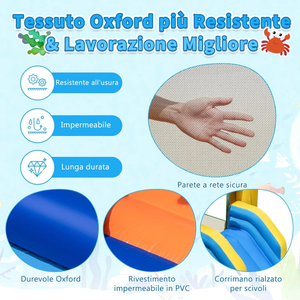 Castello Gonfiabile Oceananico con Soffiatore 680W, Parco Acquatico per Bambini con 2 Piscine e 50 Palline, Scivolo, Trampolino, Canestro da Basket, Cannone ad Acqua, 490x290x220 cm