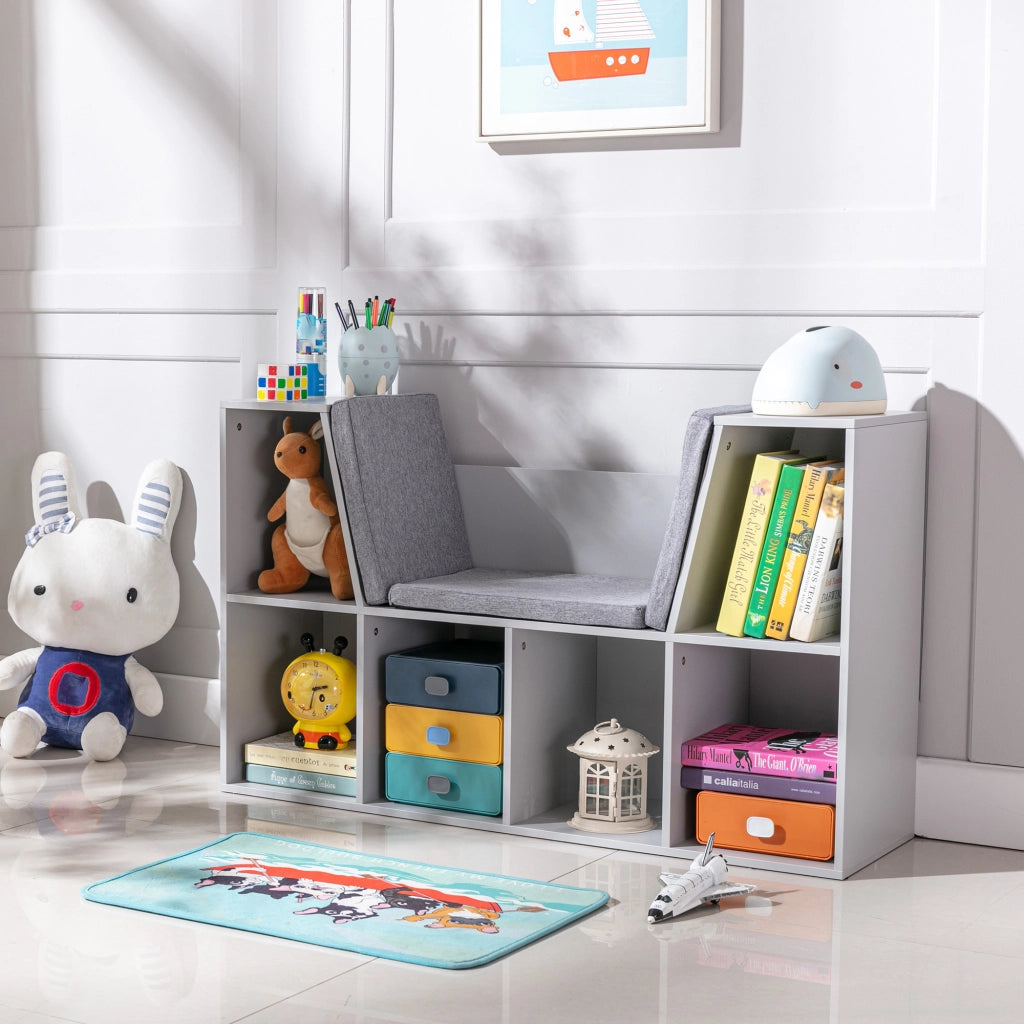 Libreria per bambini 2 in 1 con panca ¨C zephmum ¨C Bianco + Grigio 103x30x62 cm