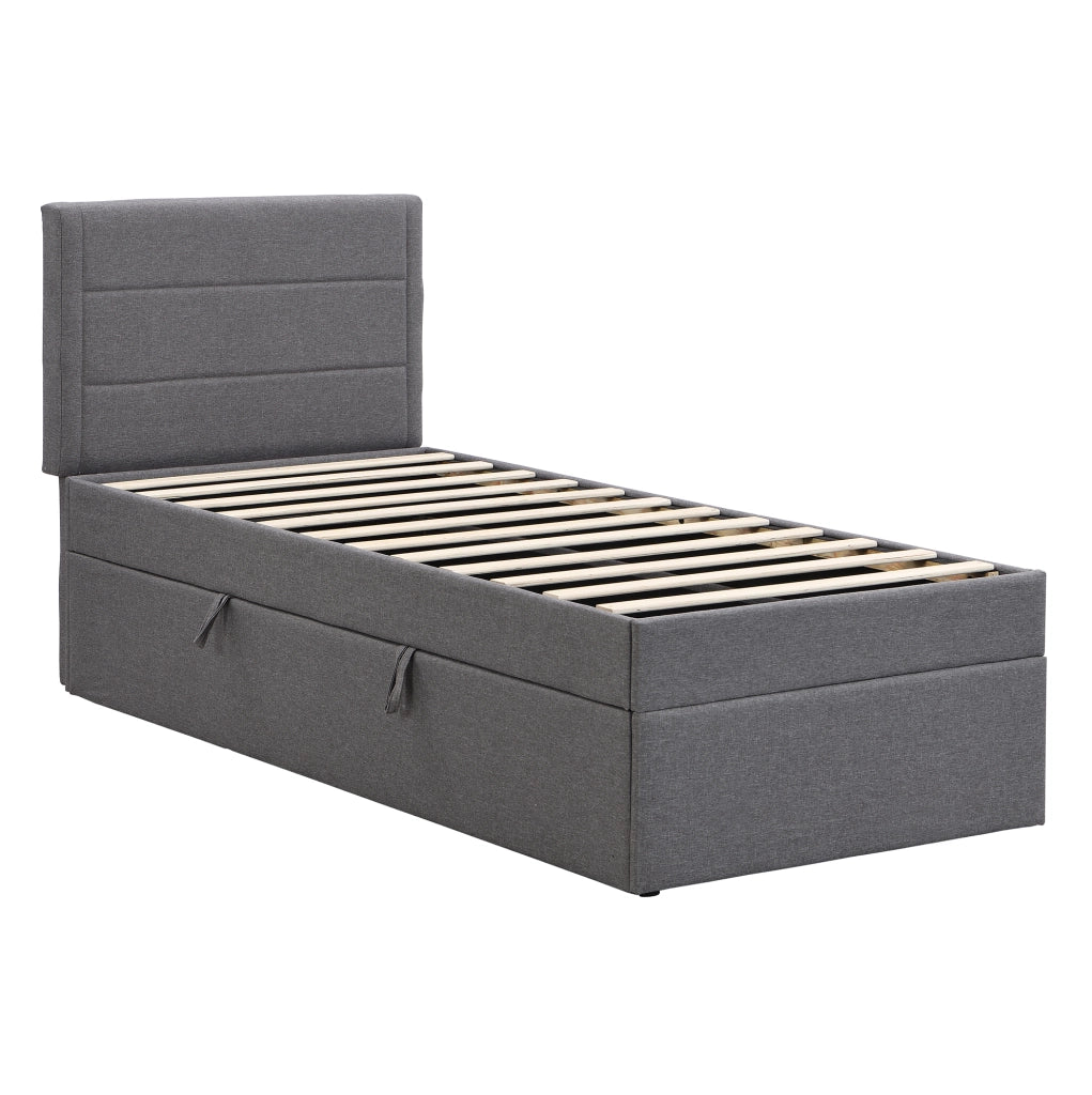 Letto singolo imbottito 90x200 cm con contenitore; in lino e MDF; grigio