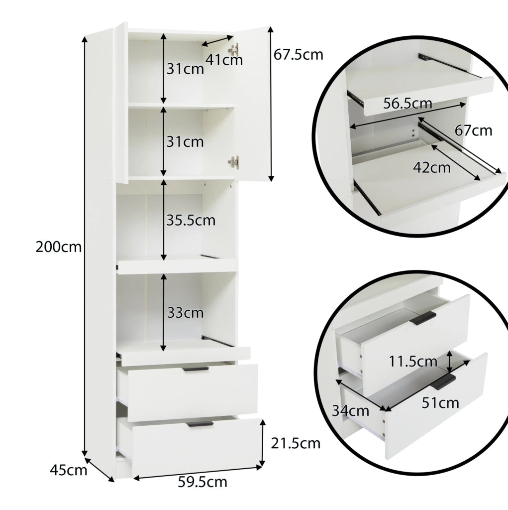 Armadio dispensa cucina bianco 200 cm con ripiani aperti e 2 cassetti