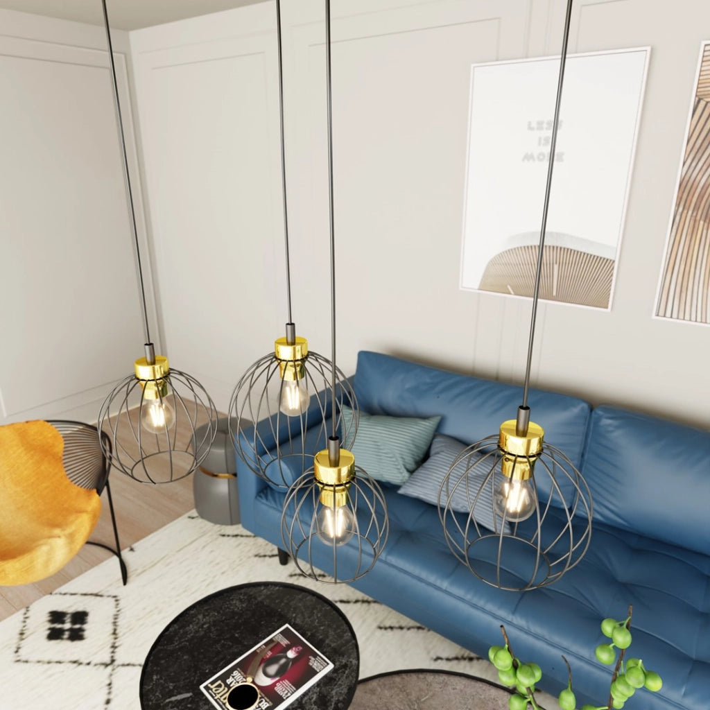 Lampada sospensione loft nero-oro 4 luci Nando E27 Emibig
