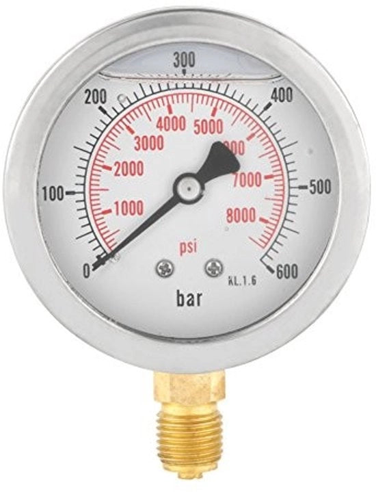 Drukometro 0~600 bar - 63 mm - Doppia scala - Resistente agli urti - Acciaio inossidabile - Connettiore regolabile G1/4