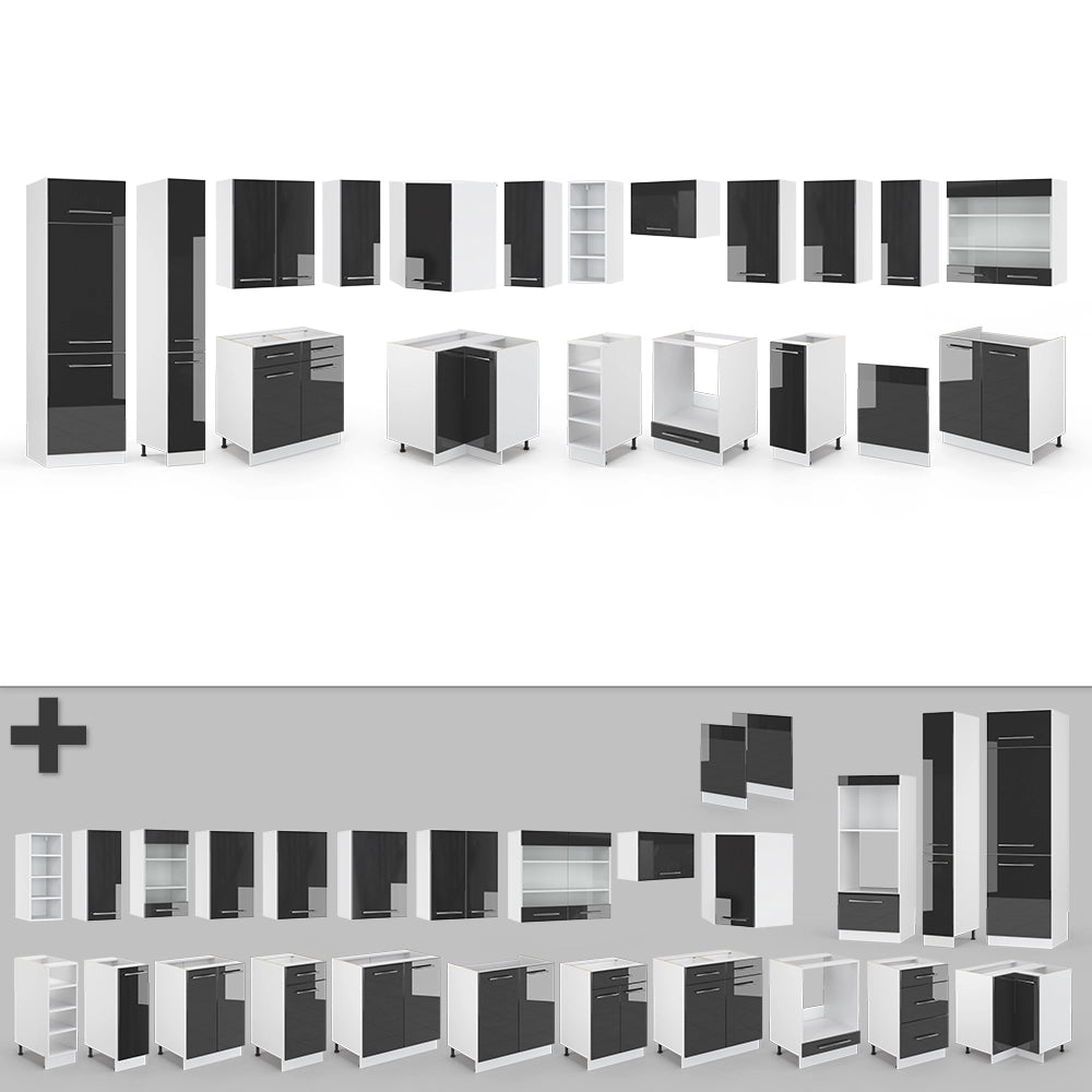 Vicco Cucina angolare completa Antracite lucido/bianco 347 x 257 cm senza piano di lavoro