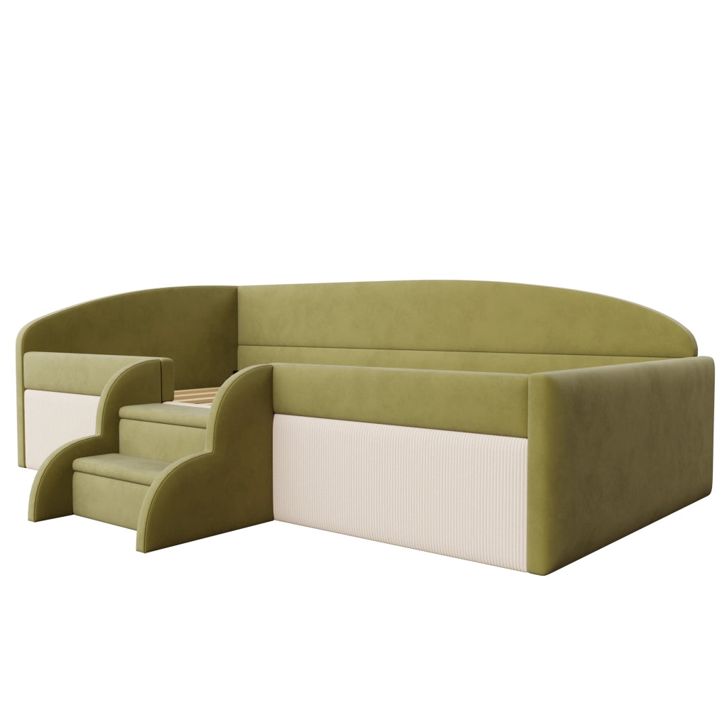 Letto per bambini 90 × 190 cm con sponde di sicurezza e gradini antiscivolo, senza materasso, in velluto, verde