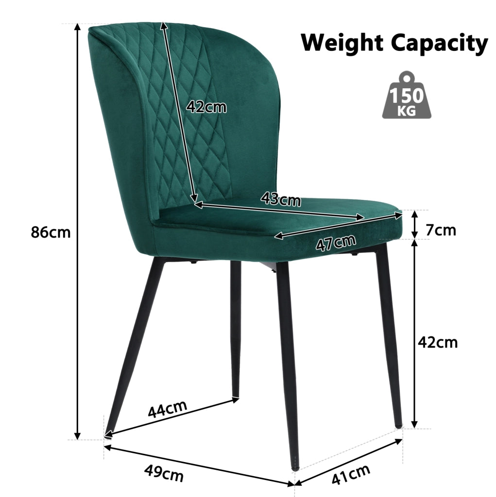 Sedia da pranzo moderna in velluto verde con gambe in metallo; seduta imbottita