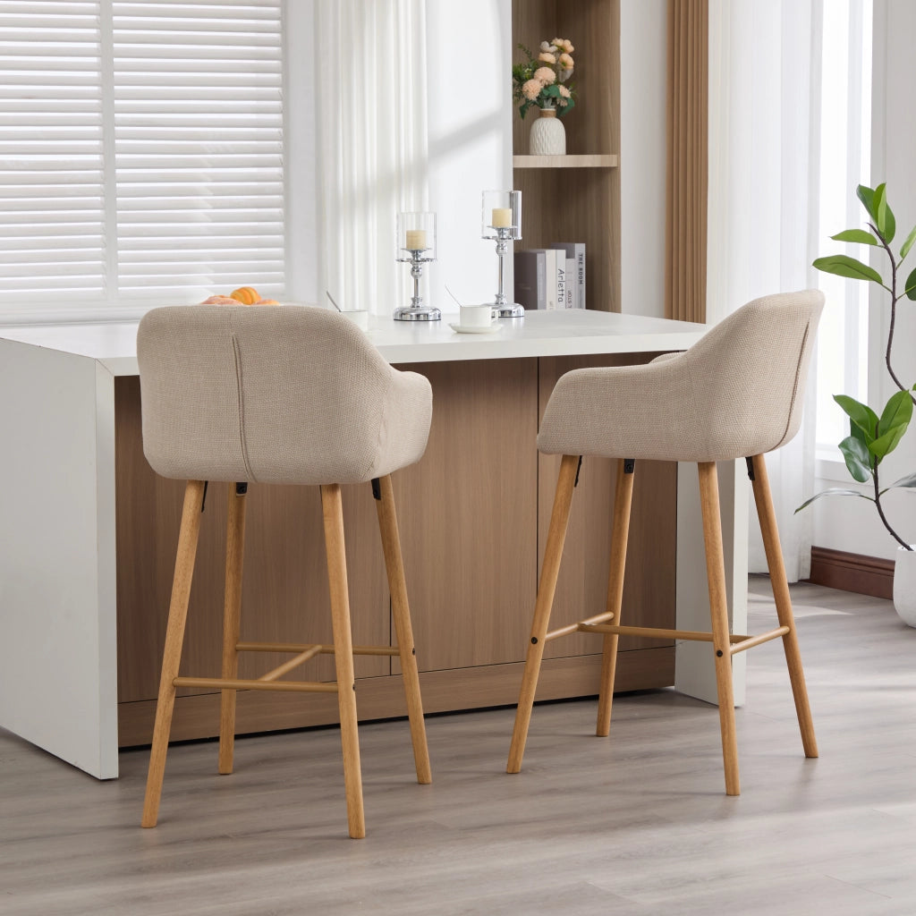 Set 2 Sgabelli da Bar con Schienale Alto e Braccioli ¨C MINIMAL ¨C Seduta in Tessuto Lino, Gambe in Legno