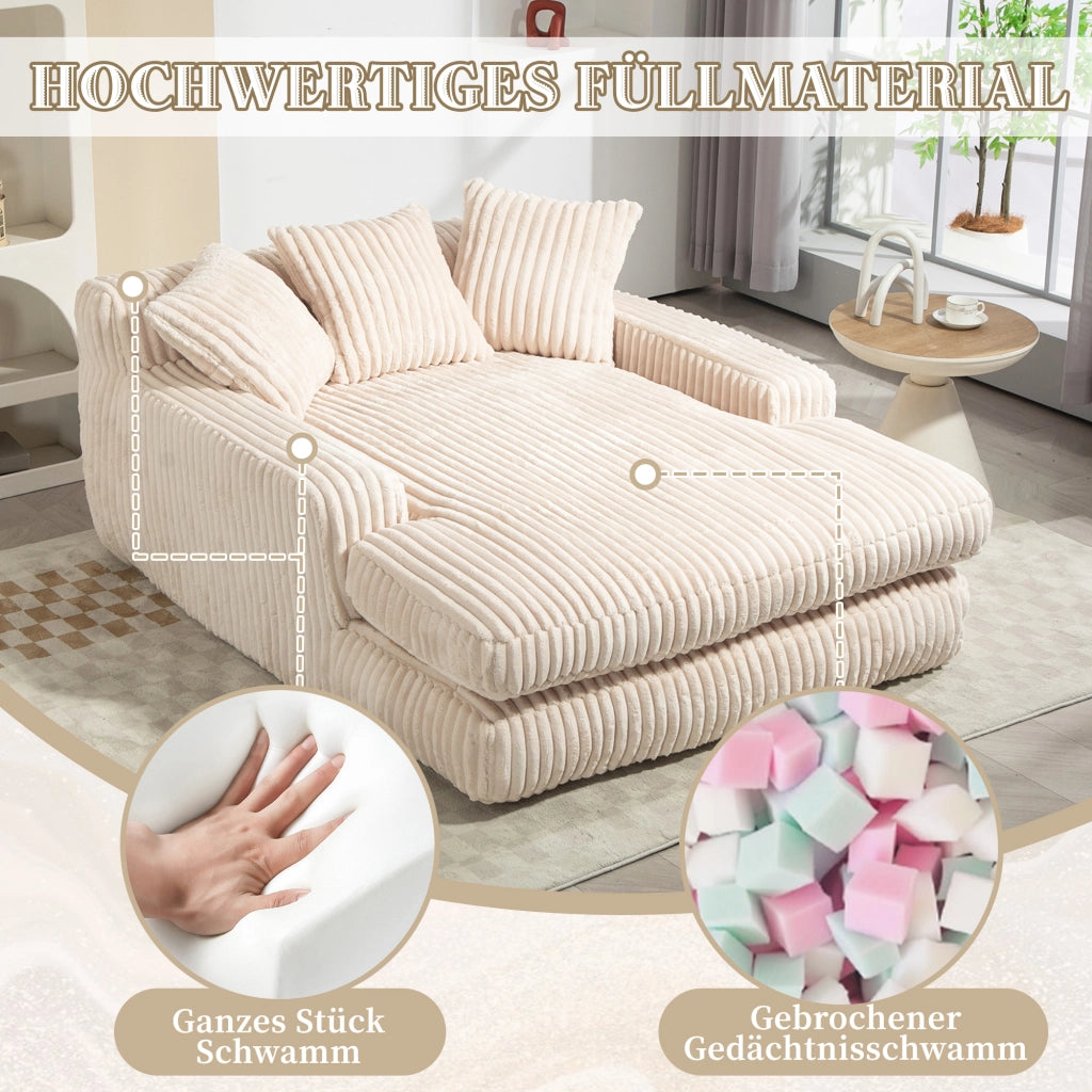 Méridienne Poltrona Pouf con Design Ergonomico e 3 Cuscini, in Velluto a Coste Beige 125 × 155 × 63 cm