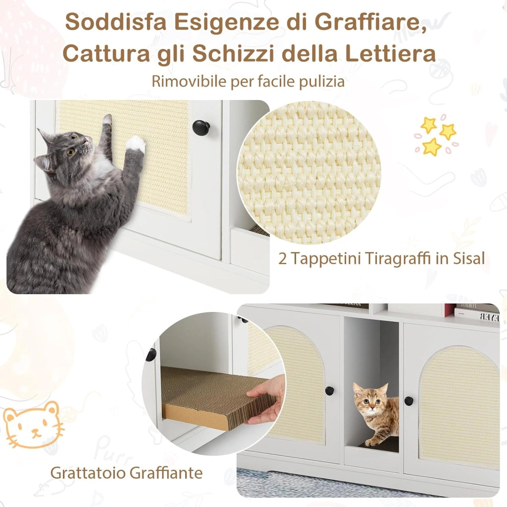 Mobile per Lettiera per Gatti, Cassetta per Gattini con Ripostiglio, Doppie Stanze, Tavola da Graffiare e 2 Tappetini in Sisal, Cuccia per Gatti da Interno, 76 x 53 x 74 cm