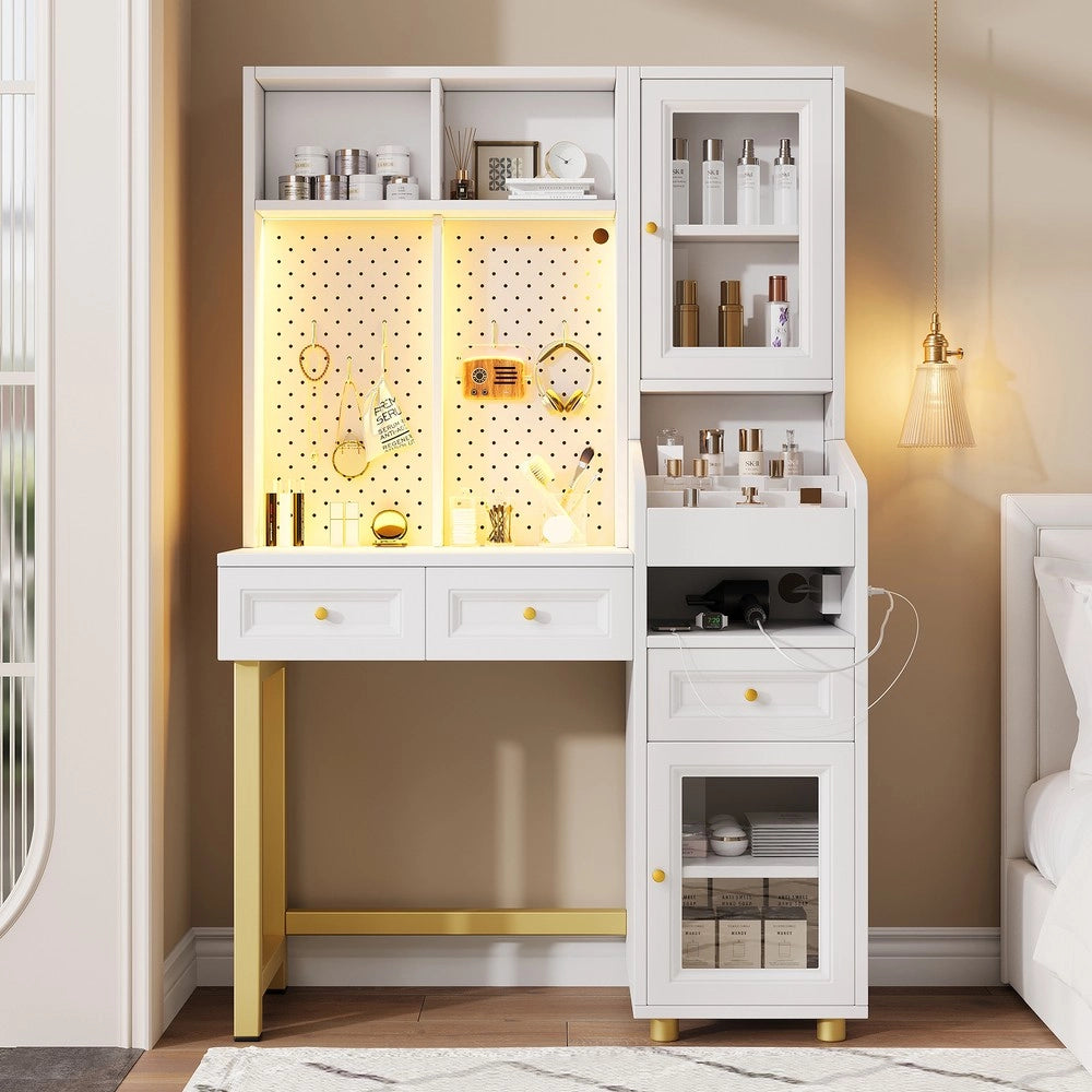 Truccatore con LED ¨C Minimal ¨C 3 cassetti, 100x45x156 cm, con prese USB e Type-C, ripiani, vetrina